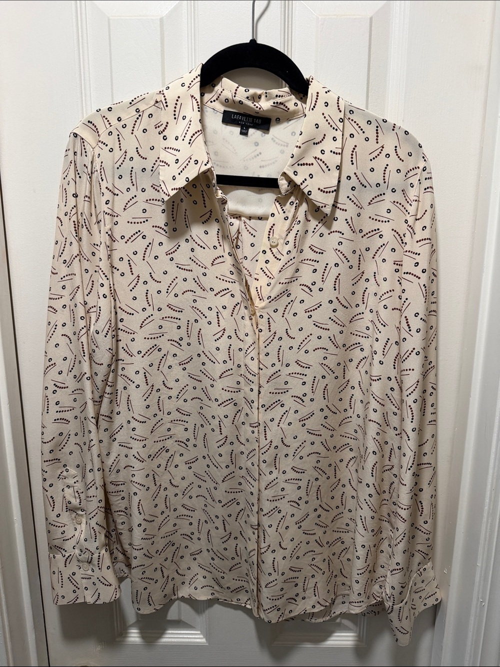Lafayette 148 New York Cream Button-Down Shirt with Dark Print